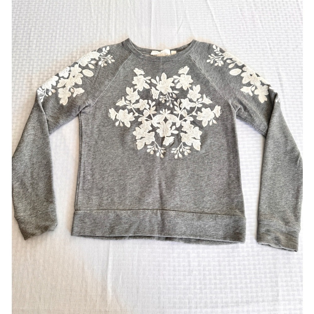 HM LOGG Womens Grey Floral Embroidered Sweatshirt XS Raglan Sleeve Pullover